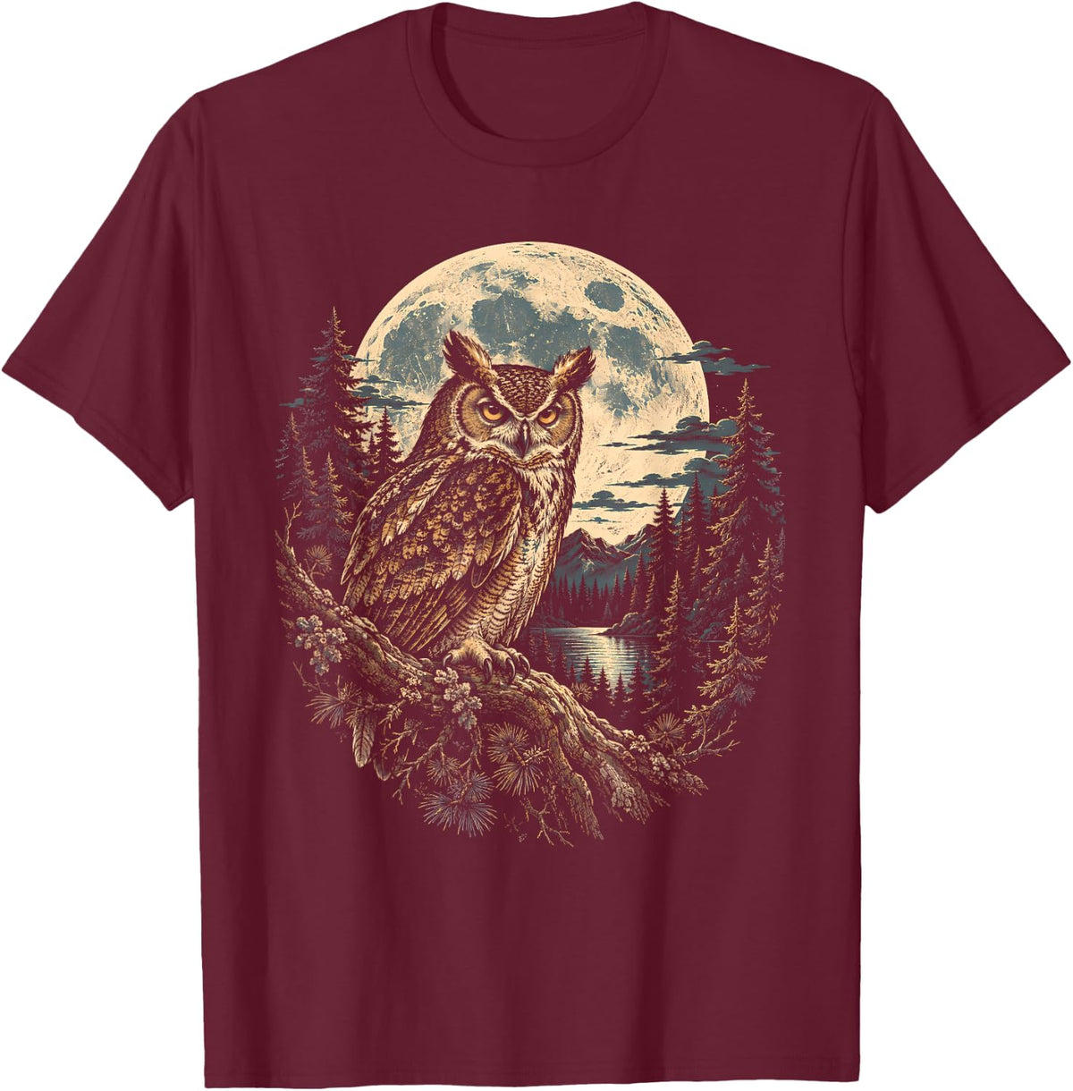 Vintage Owl Moon Forest Wildlife for Birdwatchers T-Shirt - Burgundy