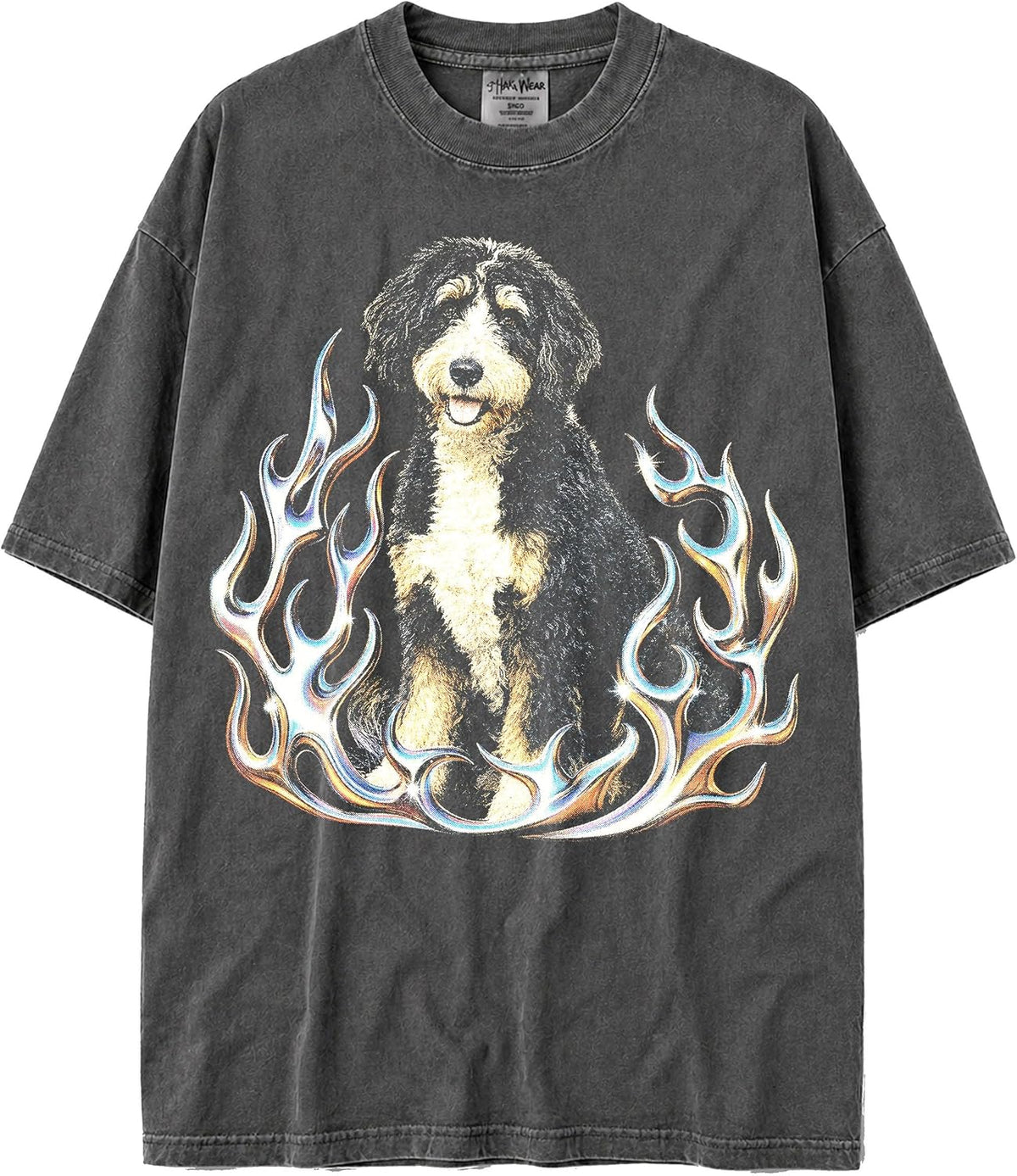 Shaka Wear USA MAX-Heavyweight 100% Cotton Oversized Faded Vintage Chromed Out Flames & Dog Design Tshirt - Bernedoodle