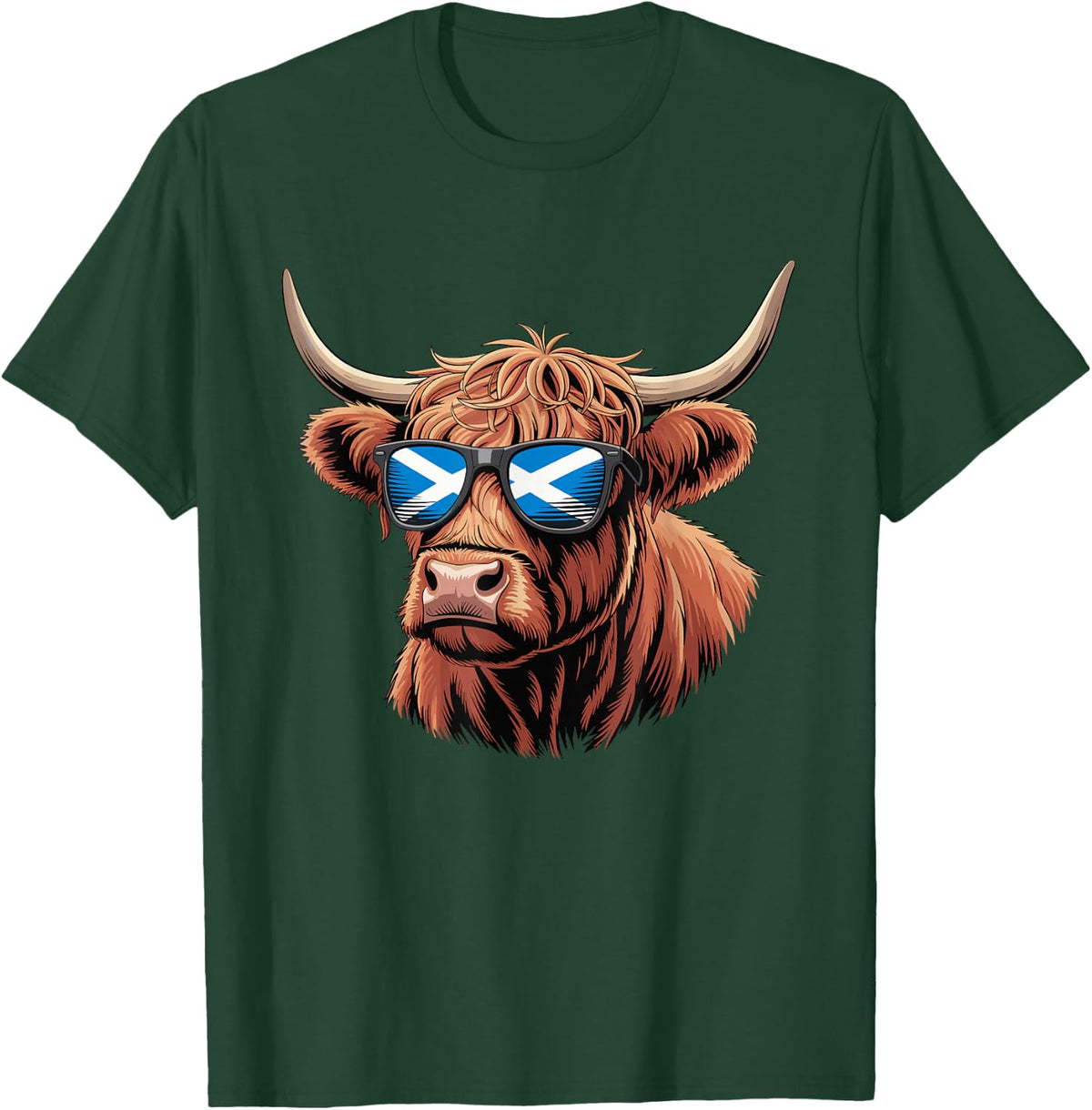Highland Cow Scotland Flag Sunglasses T-Shirt Tees for Scottish Pride - Dark Green