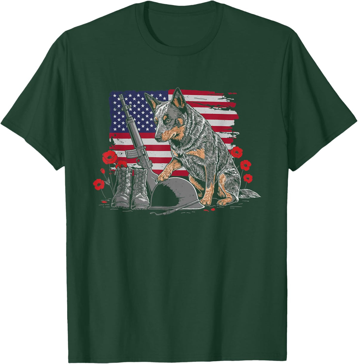 Australian Cattle Dog American Flag Memorial Day 4th of July T-Shirt - Dark Green