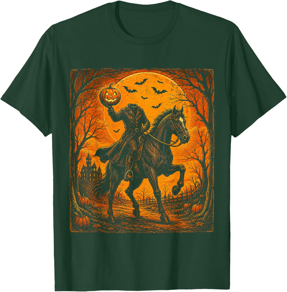 Vintage Pumpkin Rider Horse Spooky Halloween T-Shirt - Dark Green