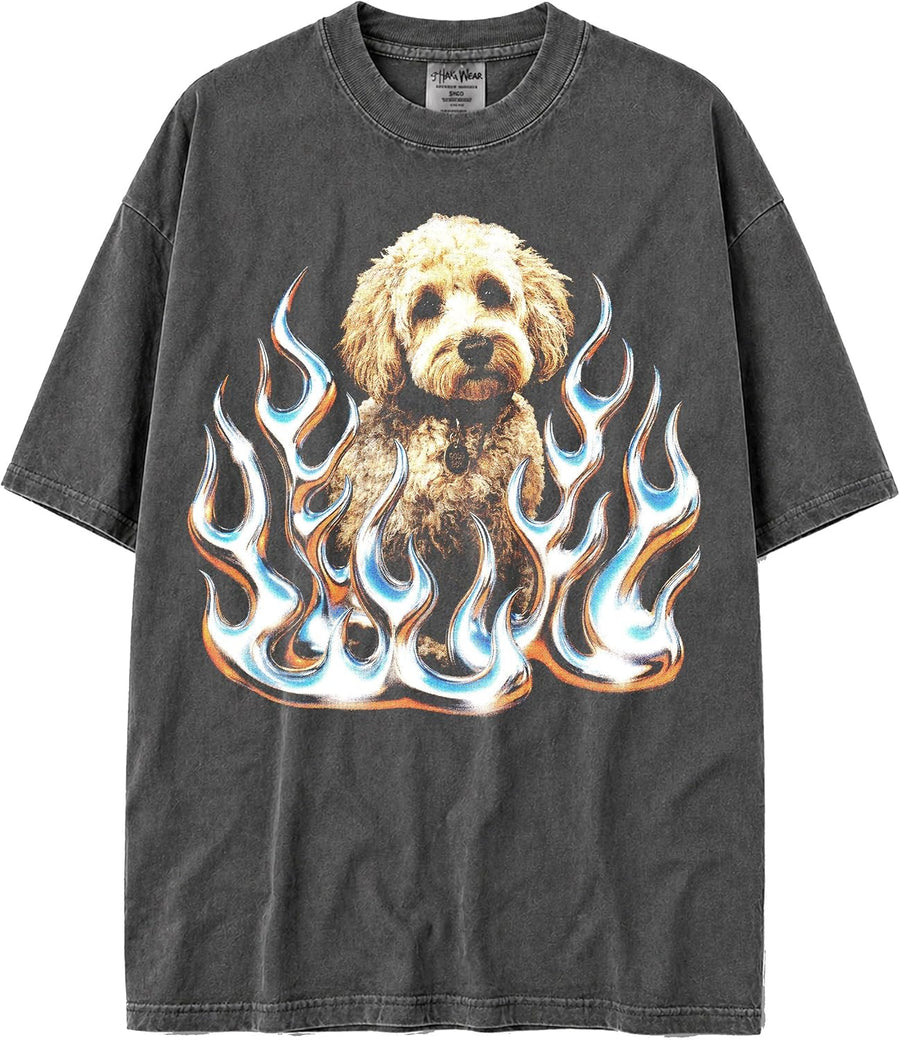 Shaka Wear USA MAX-Heavyweight 100% Cotton Oversized Faded Vintage Chromed Out Flames & Dog Design Tshirt - Cockapoo