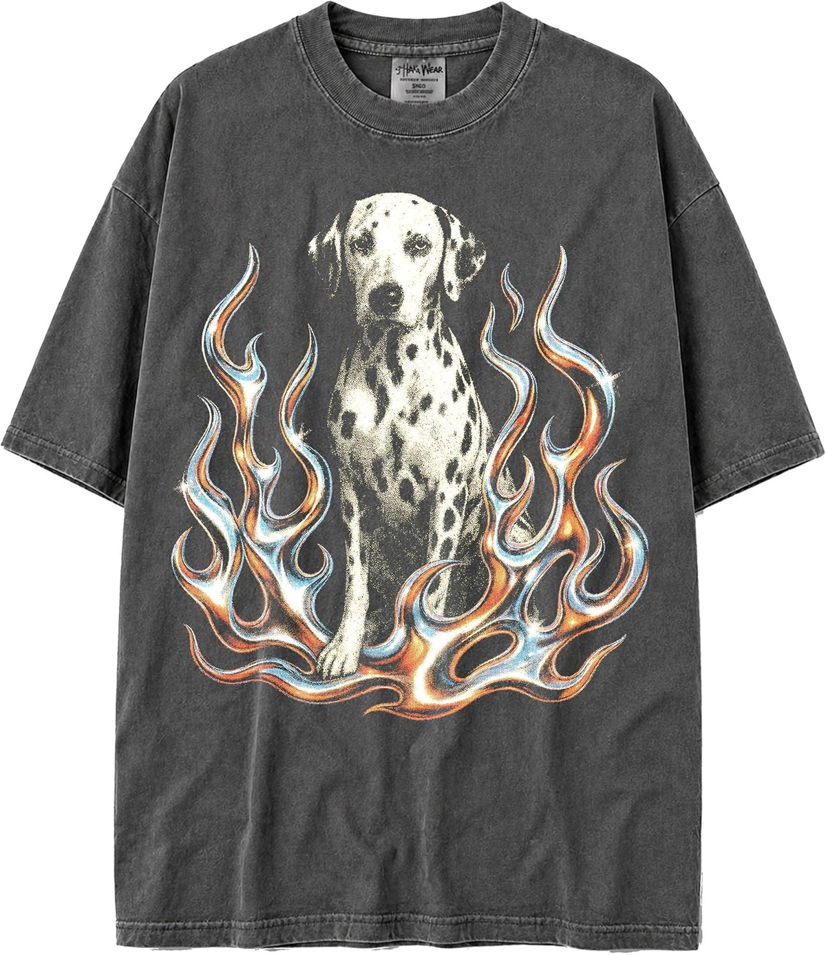 Shaka Wear USA MAX-Heavyweight 100% Cotton Oversized Faded Vintage Chromed Out Flames & Dog Design Tshirt - Dalmatian