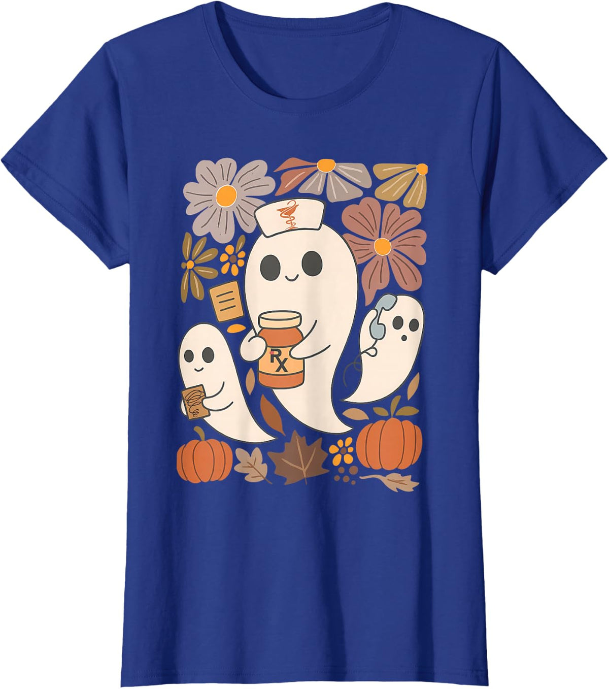 Boho Flower Pharmacist Ghost Pharmacy Tech Autumn Halloween T-Shirt - Royal Blue