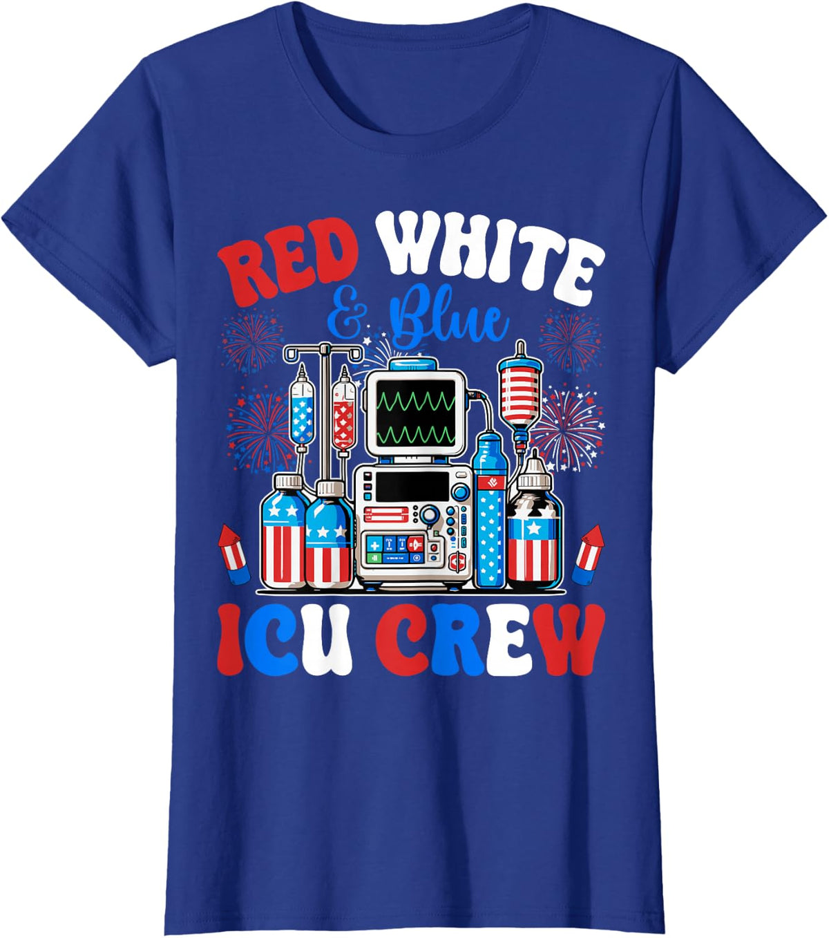 ICU Crew Red White Blue 4th of July Fireworks USA Patriotic T-Shirt - Royal Blue
