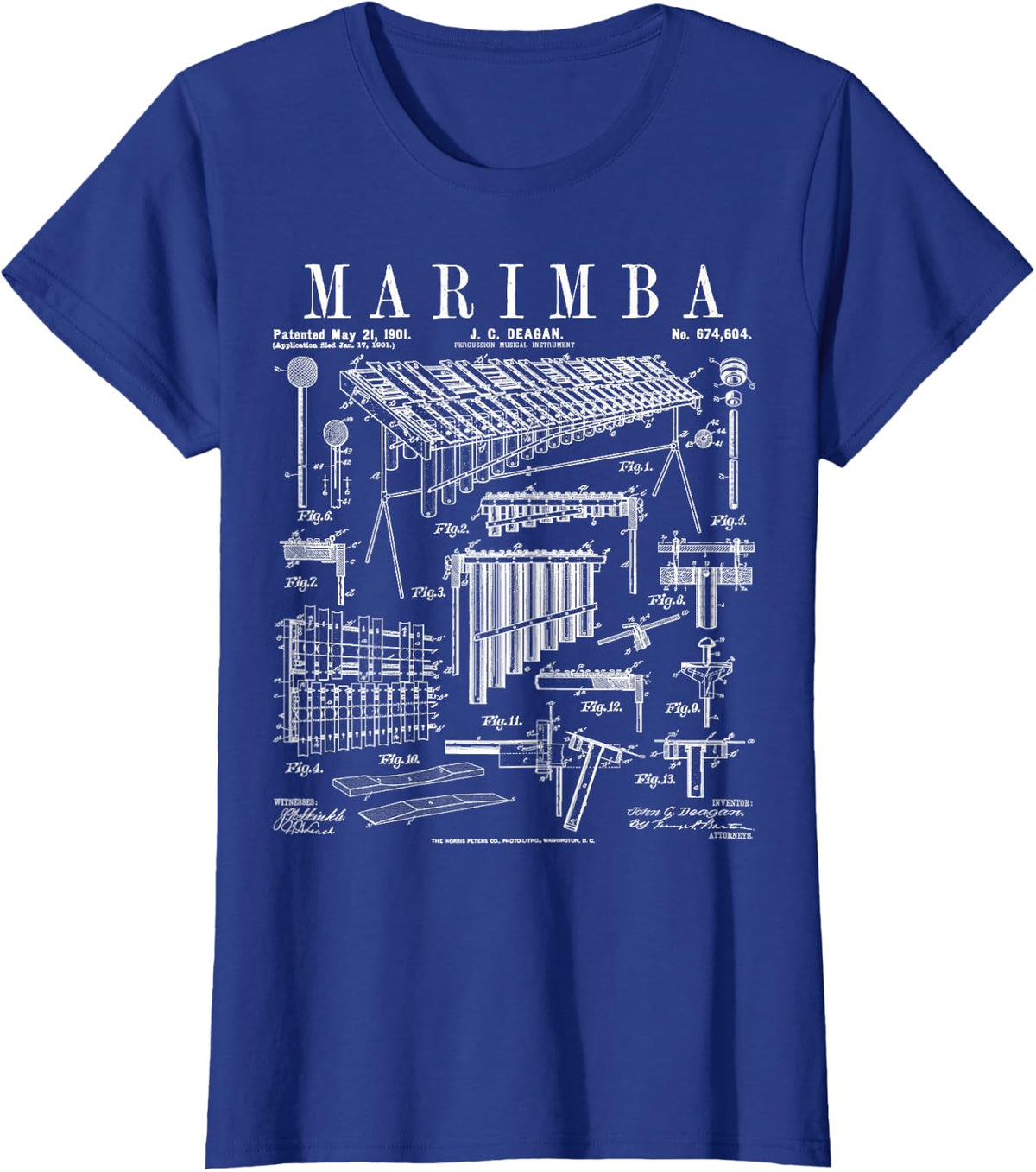 Marimba Player Percussion Musical Instrument Vintage Patent T-Shirt - Royal Blue