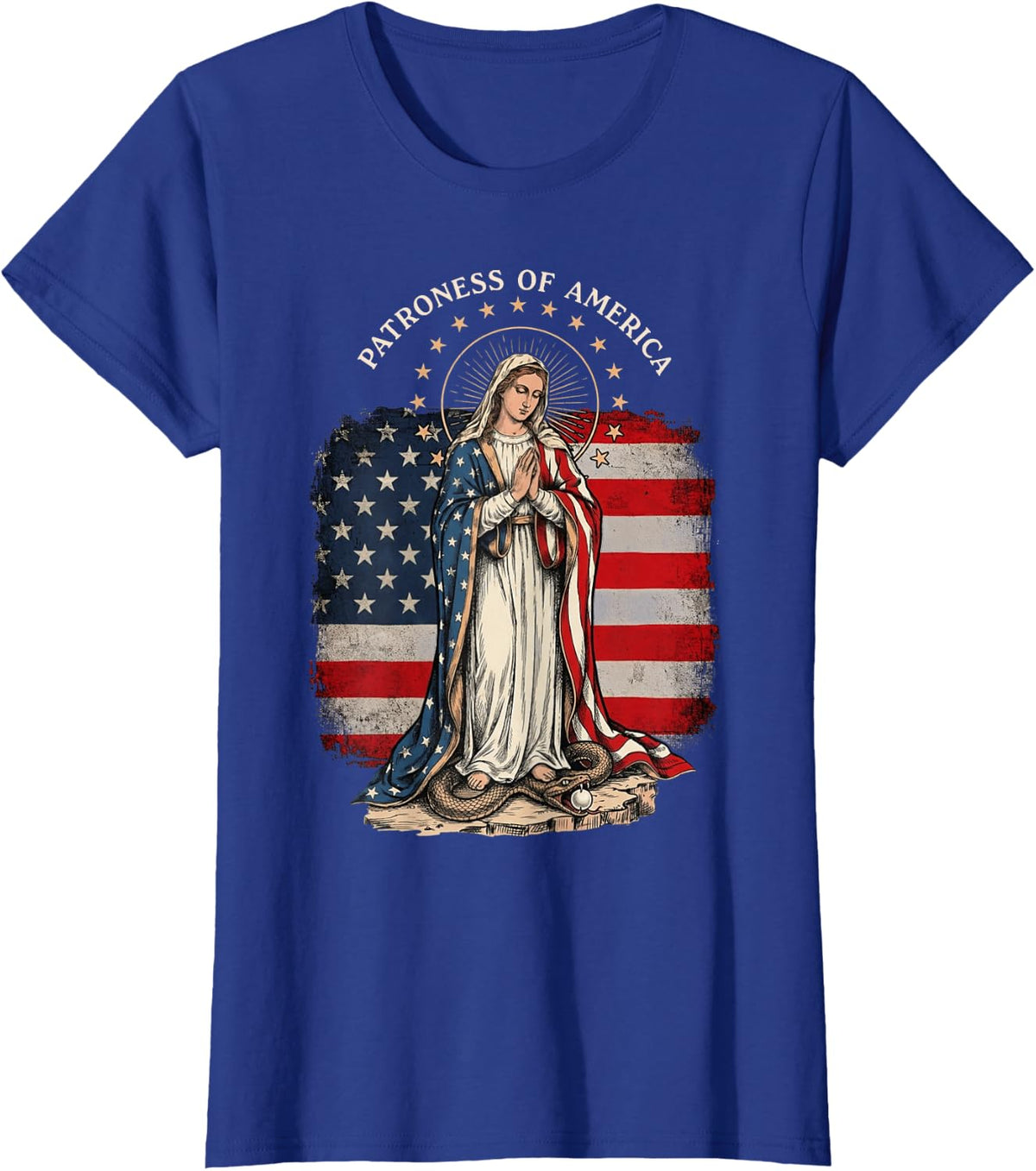 Patroness of The USA Blessed Virgin Mary Catholic Art T-Shirt - Royal Blue