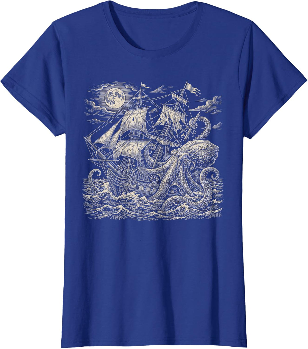 Vintage Kraken Sea Monster Attacking Pirate Sailing Ship T-Shirt - Royal Blue