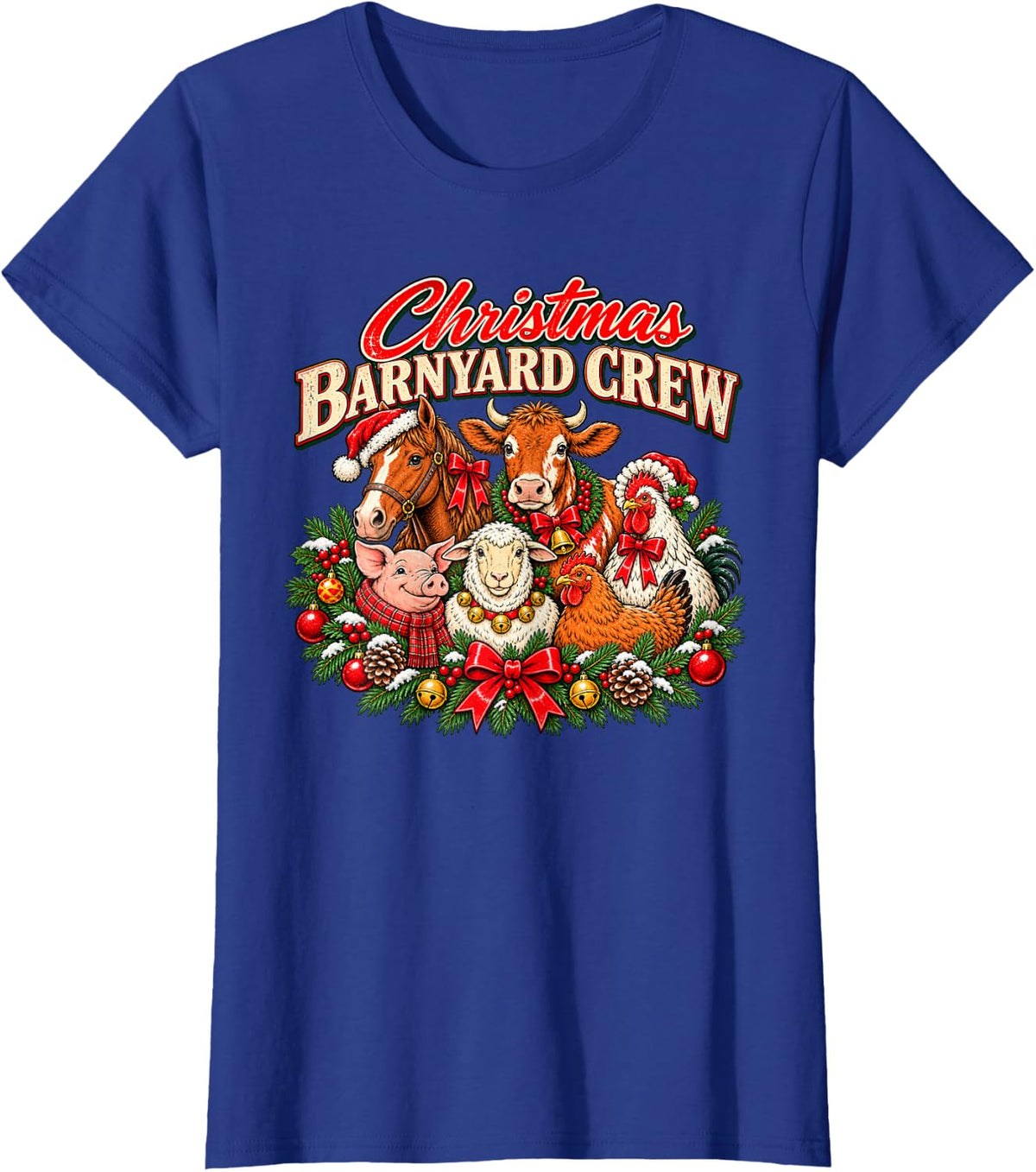Christmas Barnyard Crew Farm Animal Holiday Art Graphic T-Shirt - Royal Blue
