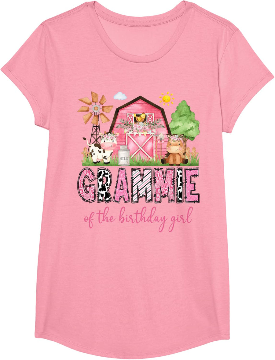 Grammie of The Birthday Girl Cute Cow Farm Animals Lover T-Shirt - Girls Pink