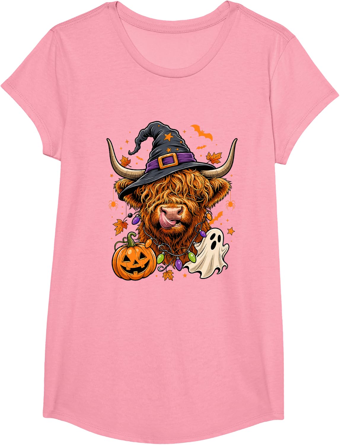 Halloween Highland Cow Witch Hat Pumpkin Ghost T-Shirt - Girls Pink