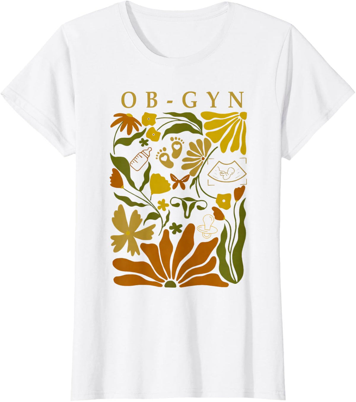 Boho Floral OB-GYN Obstetrician Gynecologist Midwife Doula T-Shirt - White