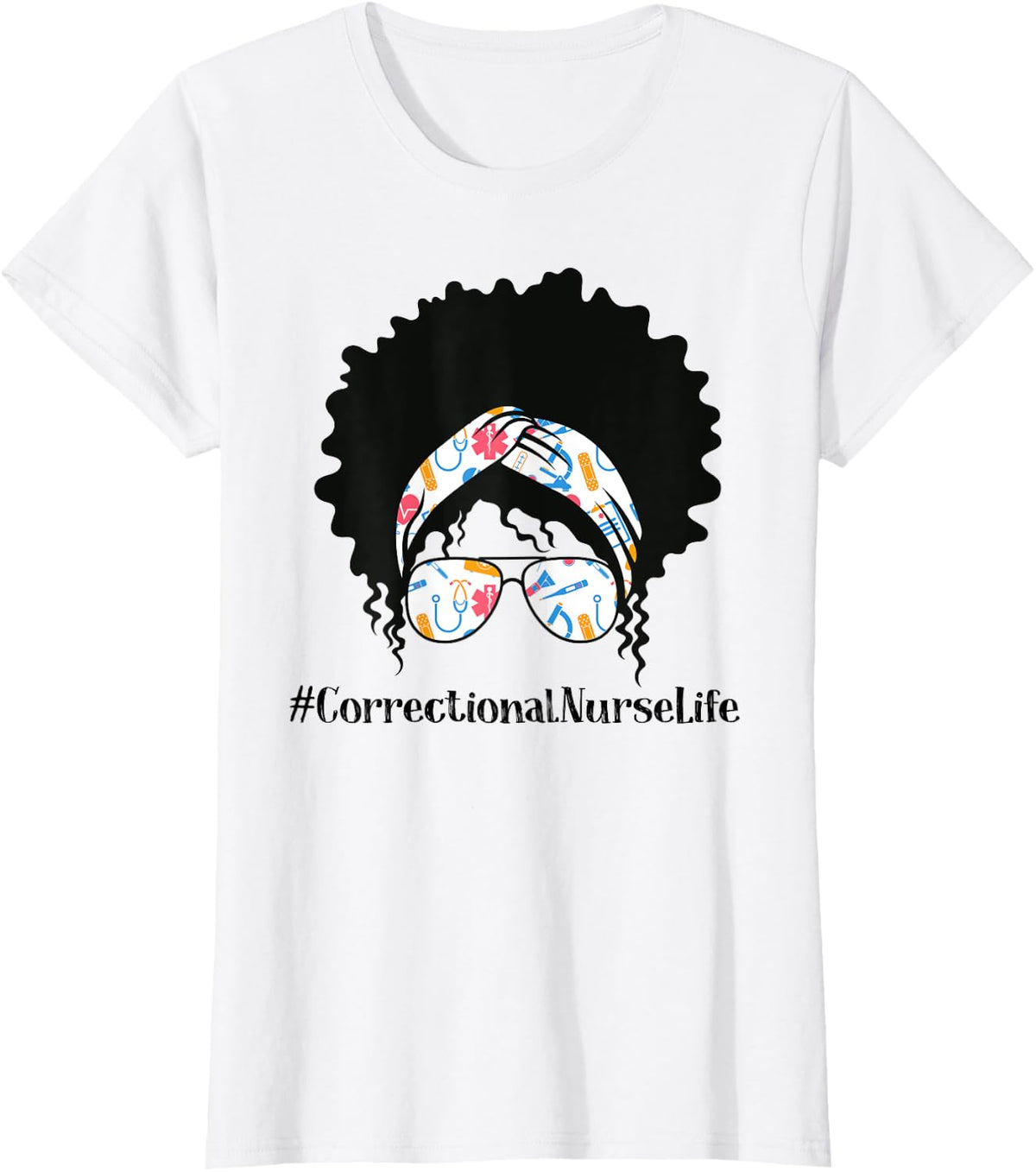 Correctional Nurse Black Afro Messy Bun African American T-Shirt - White