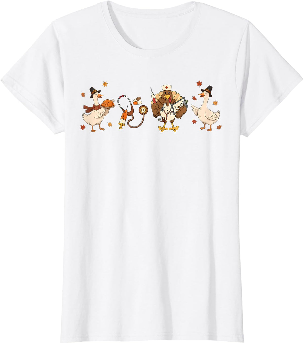 Funny Autumn Goose Turkey Stethoscope Thanksgiving Nurse T-Shirt - White
