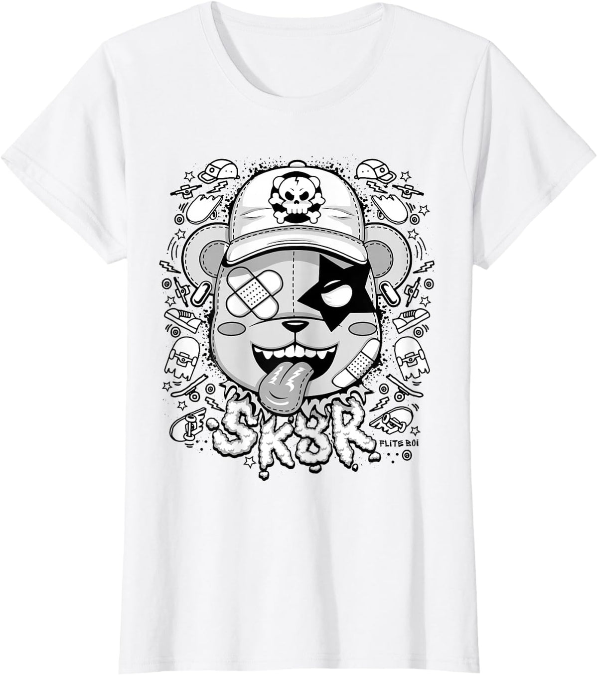 Skater Bear Graphic SK8R Punk Bear Skull Skate Culture Bold T-Shirt - White