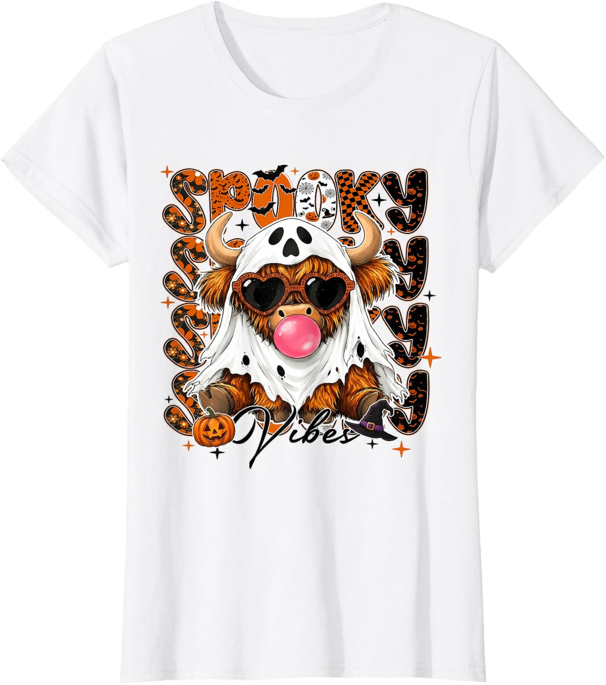 Funny Halloween Highland Cow Boo Ghost Spooky Vibes T-Shirt - White