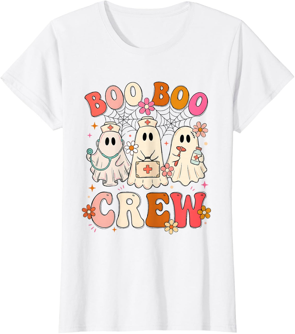 Spooky Boo Boo Crew Nurse Ghost Nursing Halloween Graphic T-Shirt - White