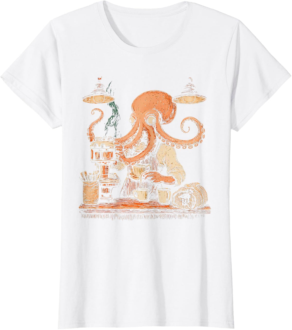 Vintage 90s Cool Octopus Barista Funny Caffeine Coffee Lover T-Shirt - White