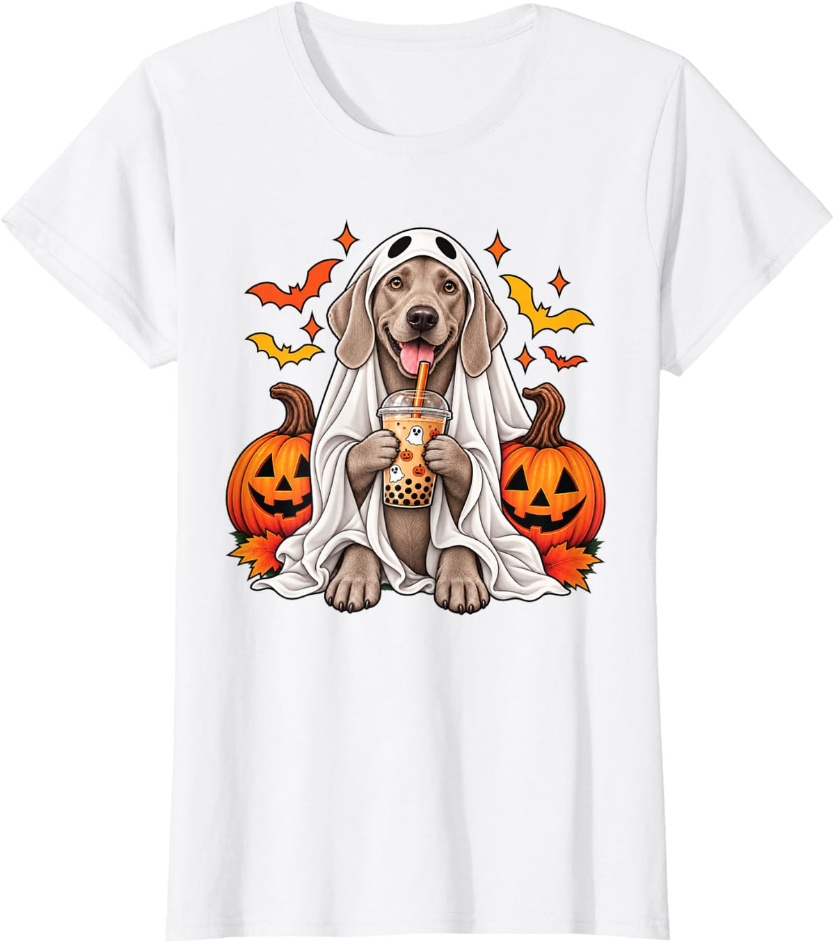 Weimaraner Hunting Dog Ghost Halloween Pumpkin Bubble Tea T-Shirt - White