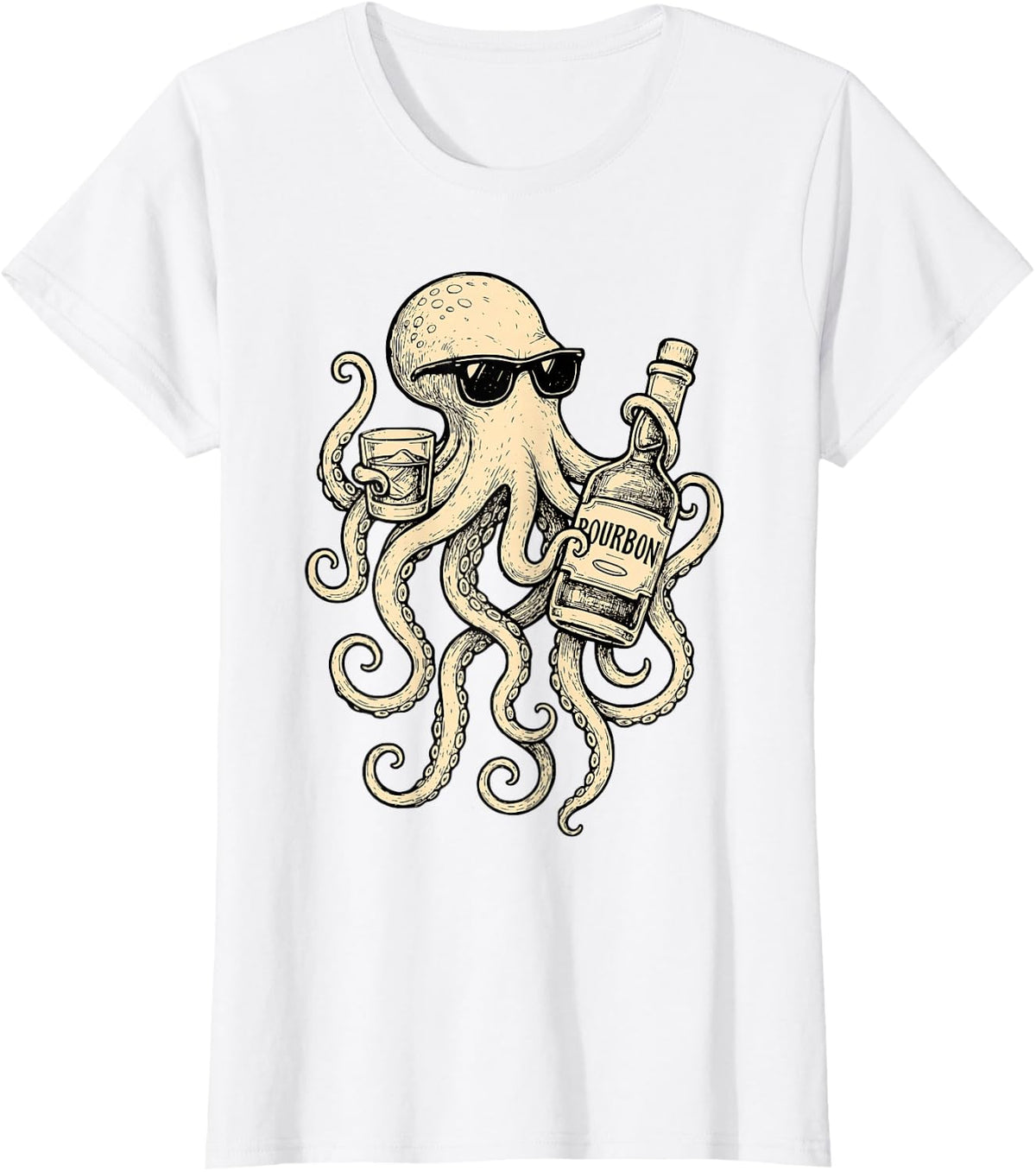 Vintage Octopus Drinking Bourbon Whiskey Bartending Drinker T-Shirt - White
