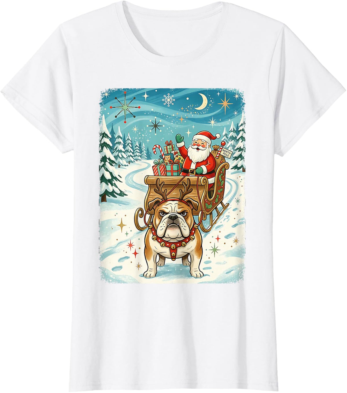 English Bulldog Blitzen Pulling Santa's Sleigh Retro Holiday T-Shirt - White