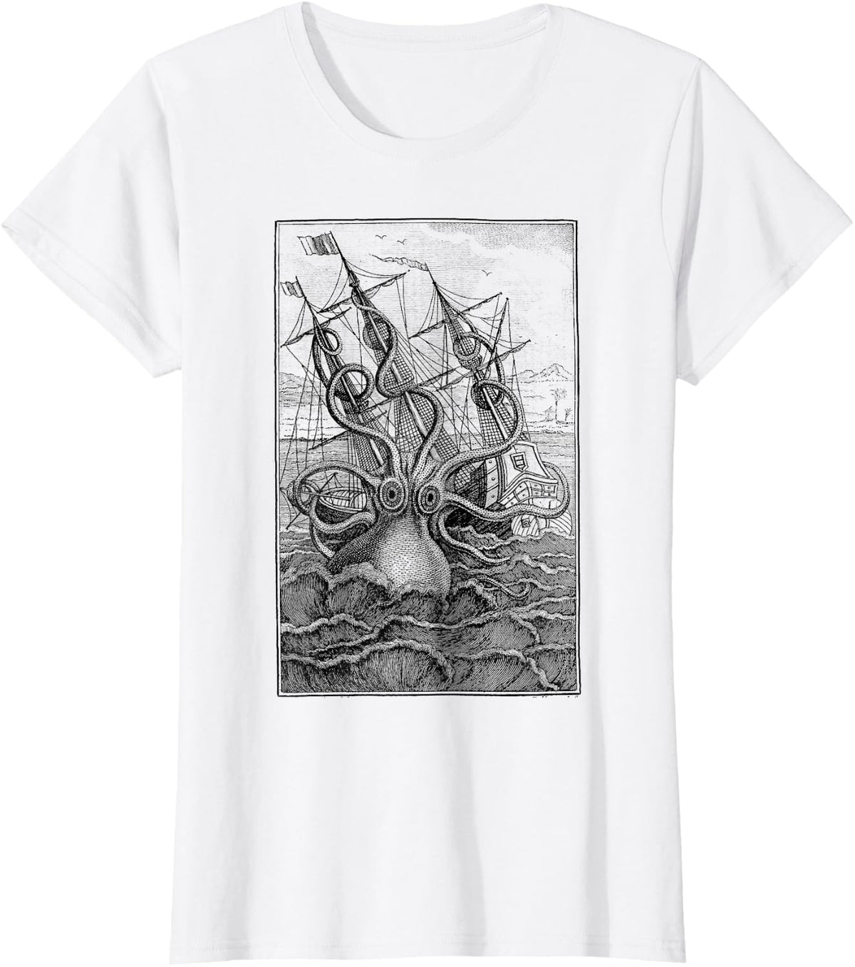 Giant Octopus Pirate Ship Vintage Octopus T-Shirt Tee Sailing Squid Nautical - White