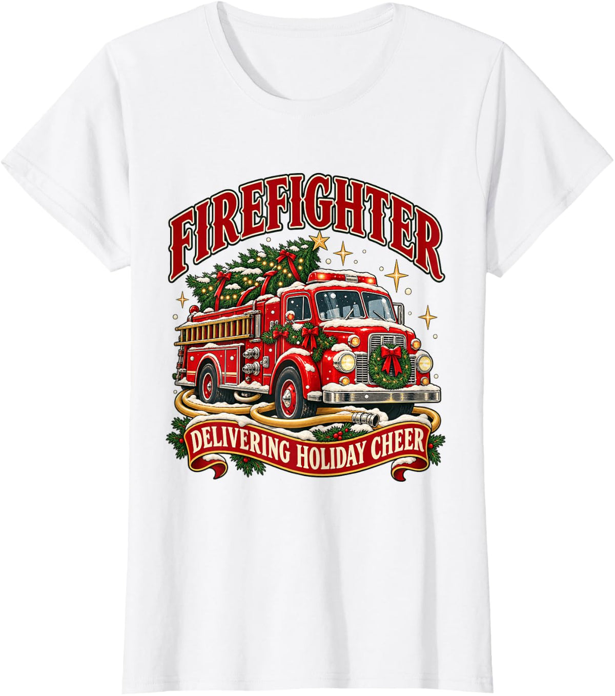 Firefighter Delivering Holiday Cheer Christmas Fire Truck T-Shirt - White