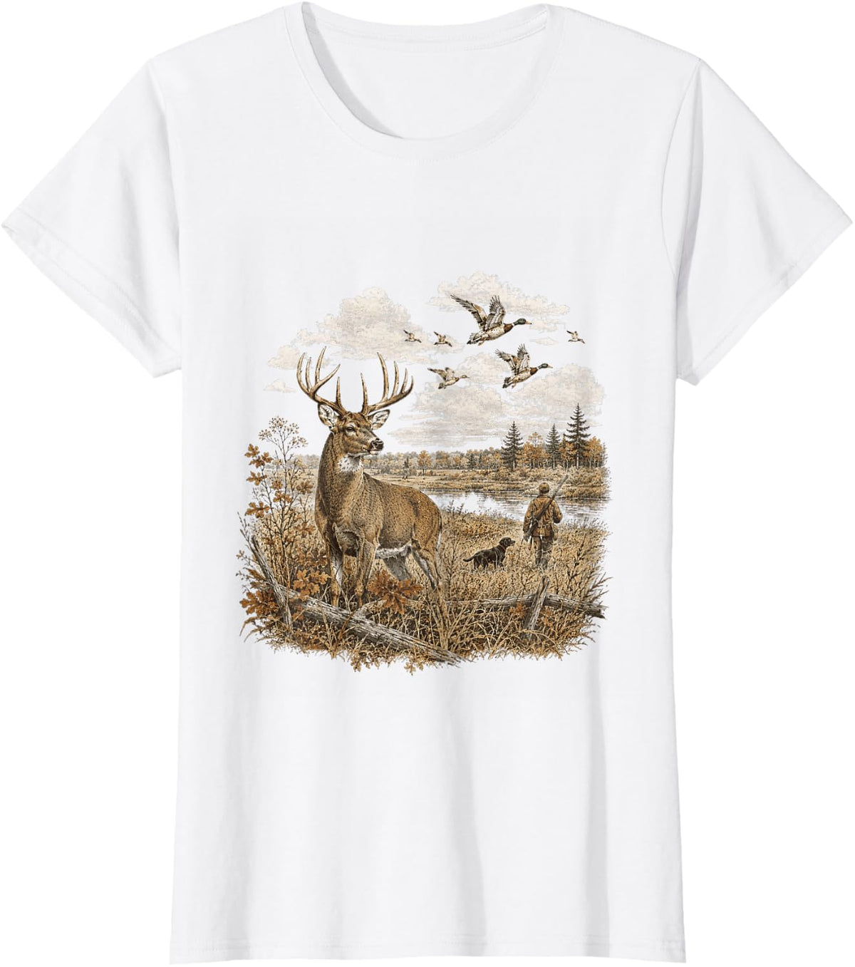 Deer Hunting Wildlife Duck Hunter Outdoor Scene T-Shirt - White