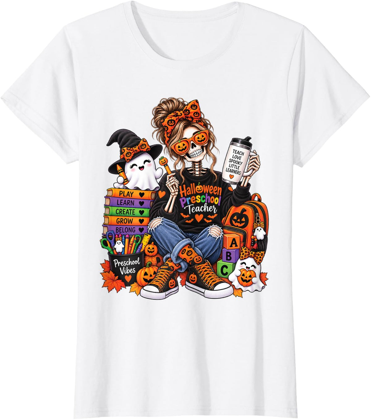 Halloween Preschool Teacher Skeleton Spooky School T-Shirt - White