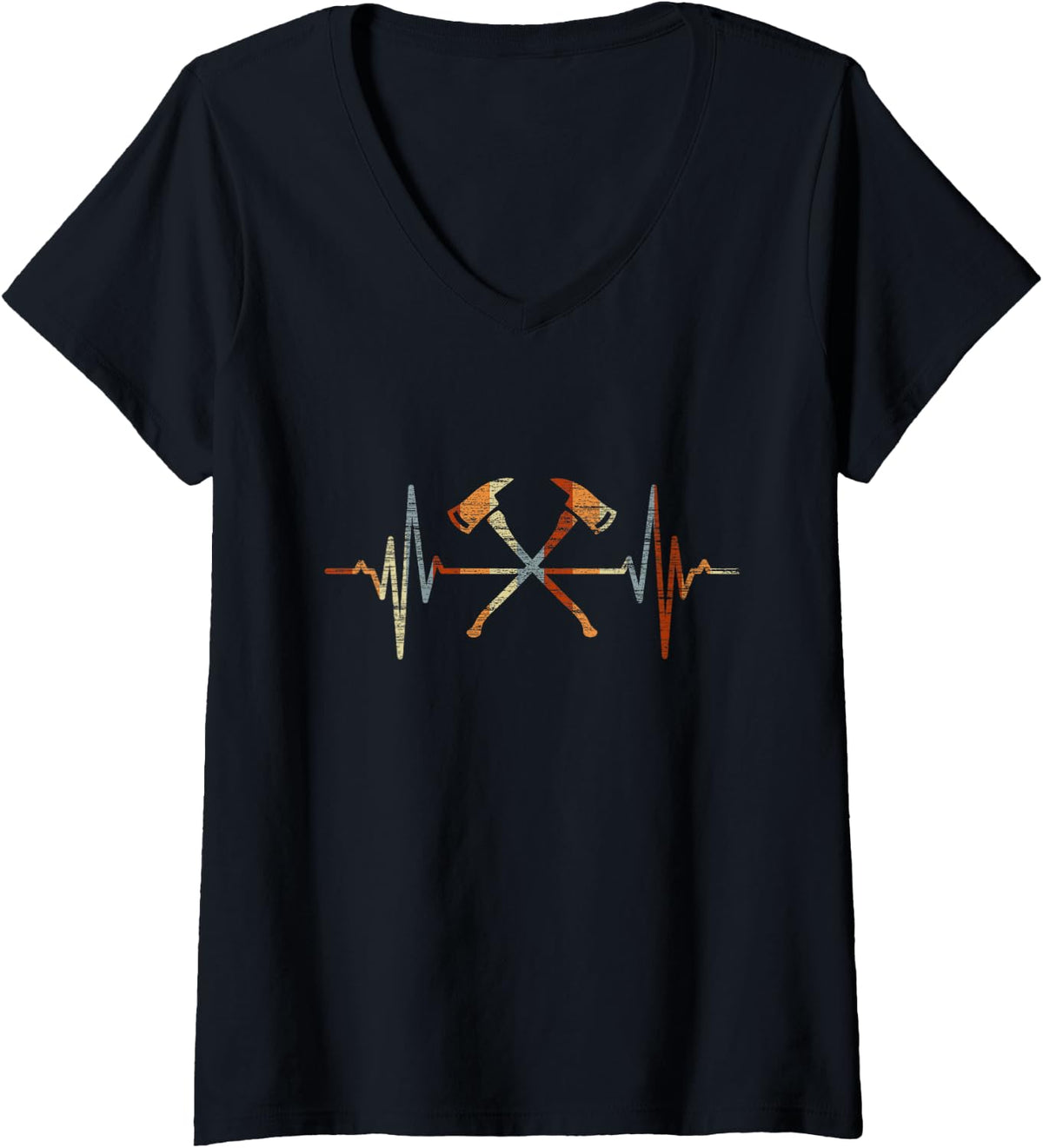 Women's Firefighter Axe Heartbeat Vintage ECG Cardiogram Retro V-Neck T-Shirt - Black