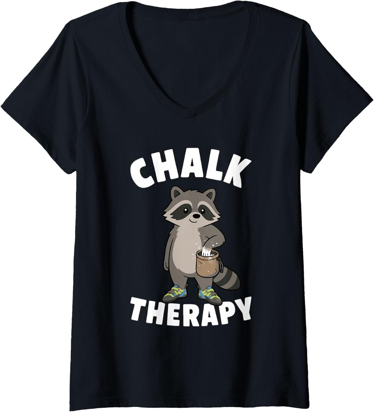 Women's Funny Chalk Therapy Rock Climber Bouldering Raccoon V-Neck T-Shirt - Black