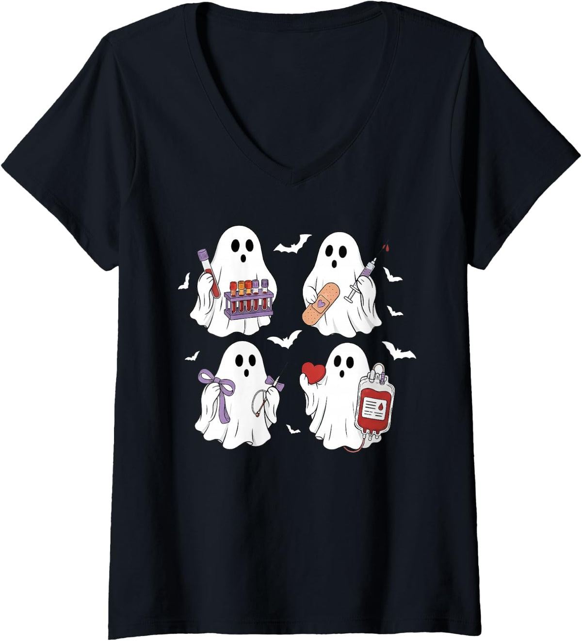 Women's Phlebotomy Laboratory Funny Ghost Phlebotomist Halloween V-Neck T-Shirt - Black