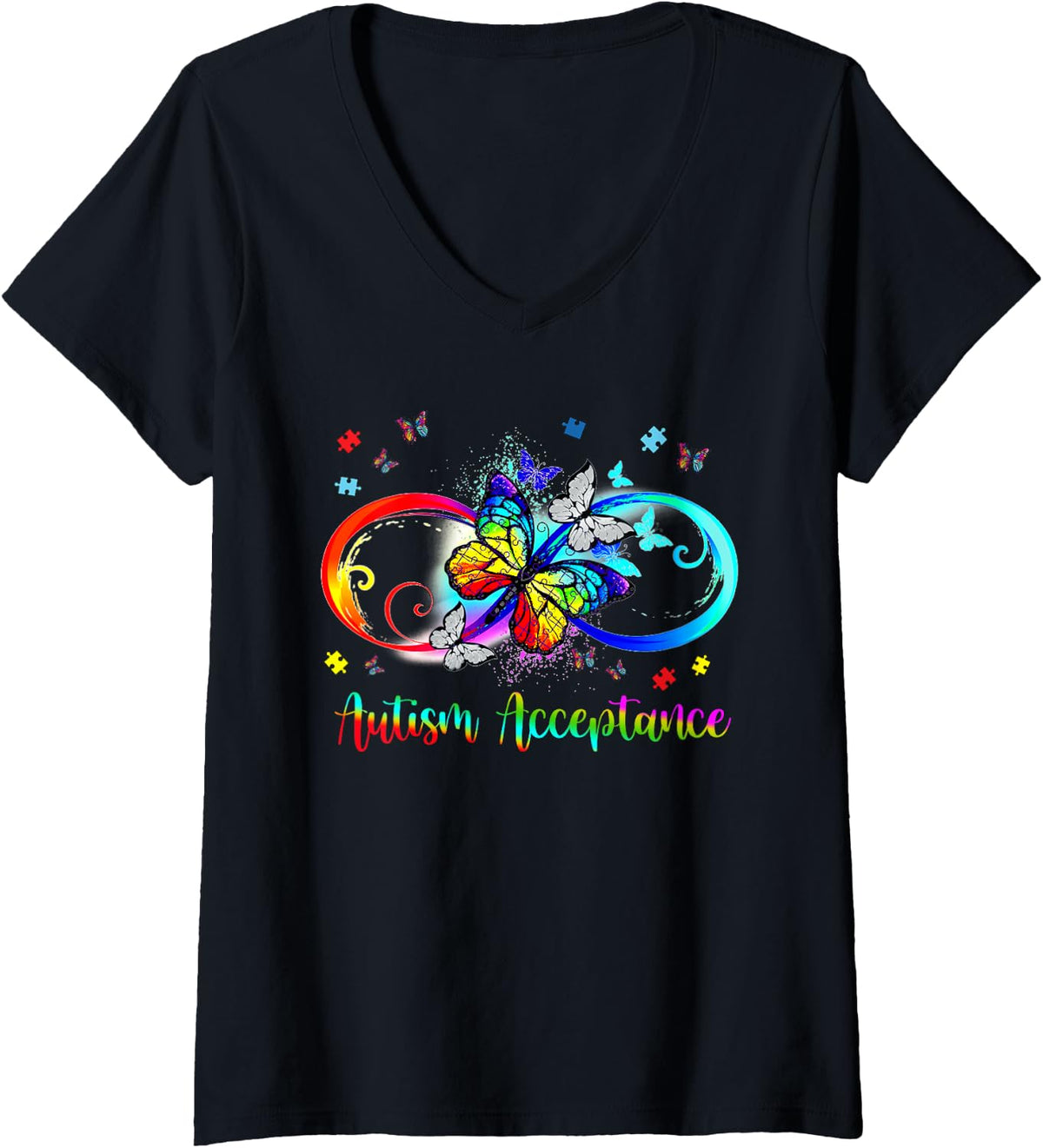 Womens Infinity Autism Awareness Acceptance Butterfly Puzzle Piece V-Neck T-Shirt - Black