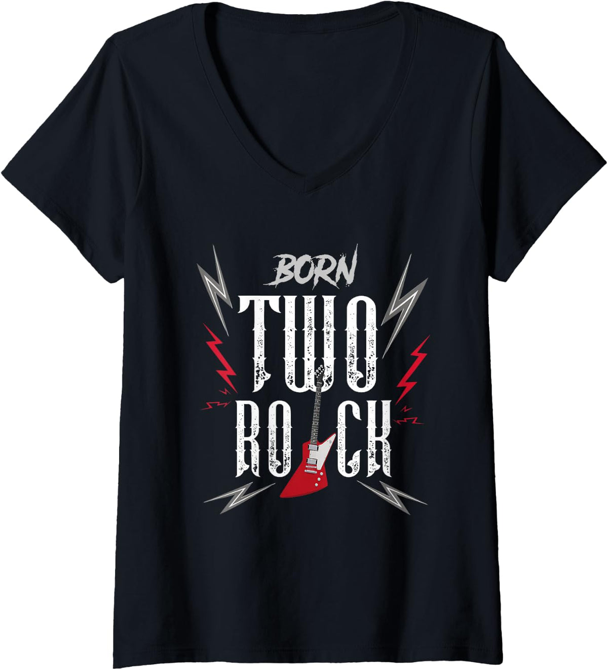 Women's 2nd Birthday Guitar Born Two Rock 2 Year Old Rocker Bday Boy V-Neck T-Shirt - Black