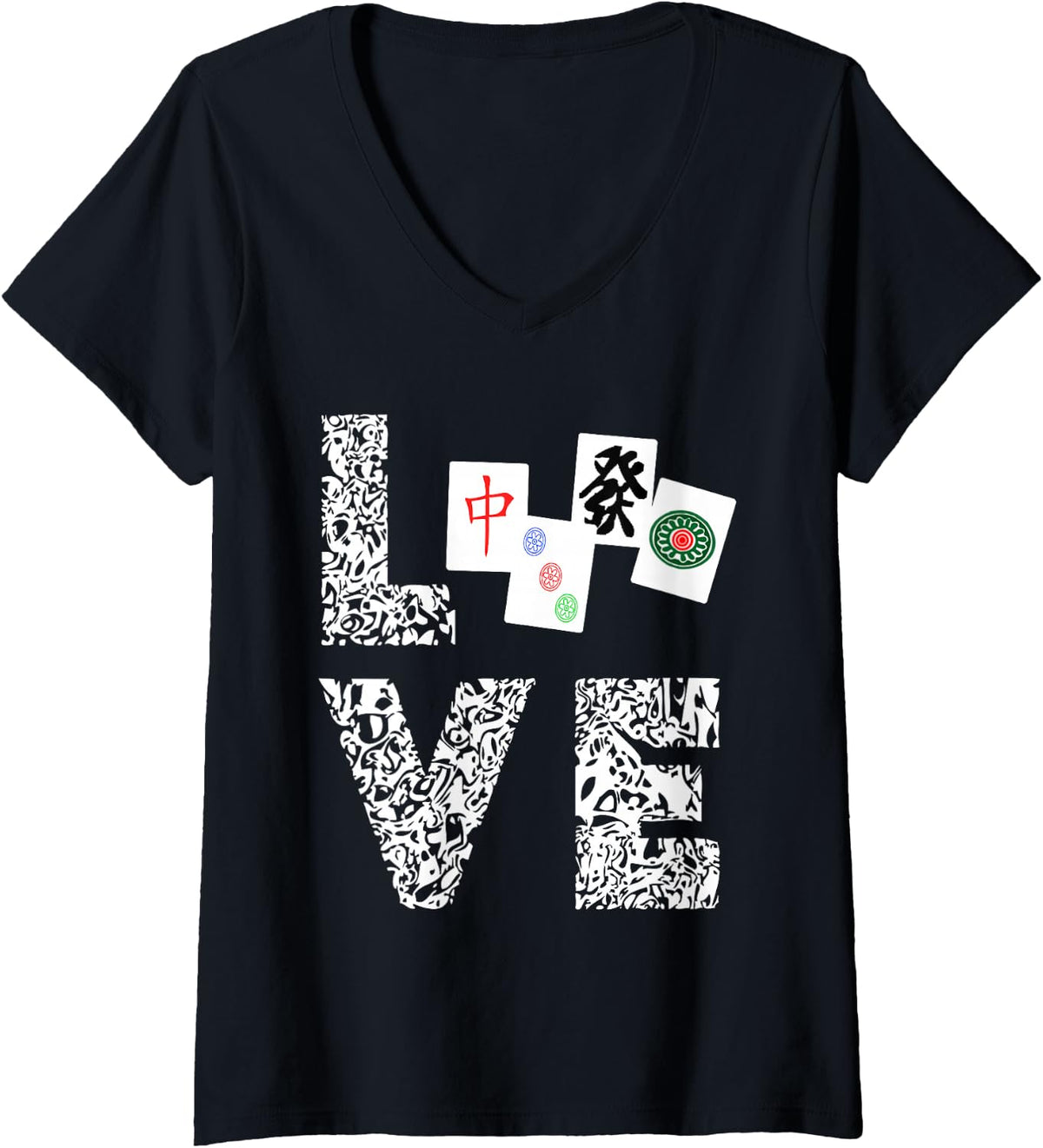 Womens Mahjong Love Playing Chinese Game Mah Jongg Player V-Neck T-Shirt - Black