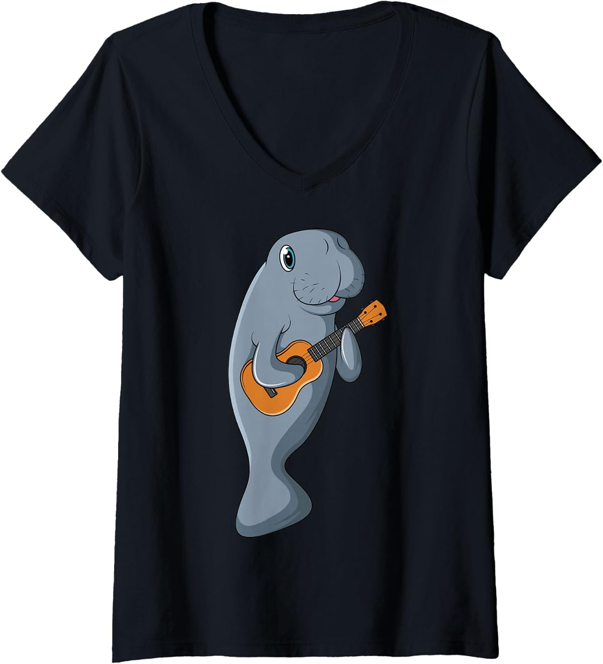 Women's Cute Manatee Playing Teal Ukulele Guitar V-Neck T-Shirt - Black