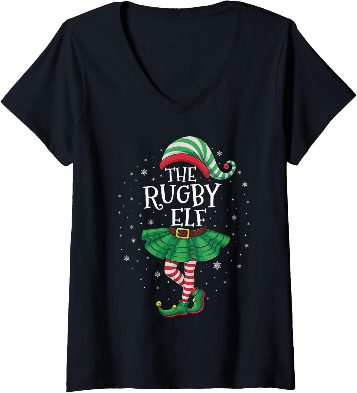Women's Family Matching Men Women Funny The Rugby Elf Christmas V-Neck T-Shirt - Black