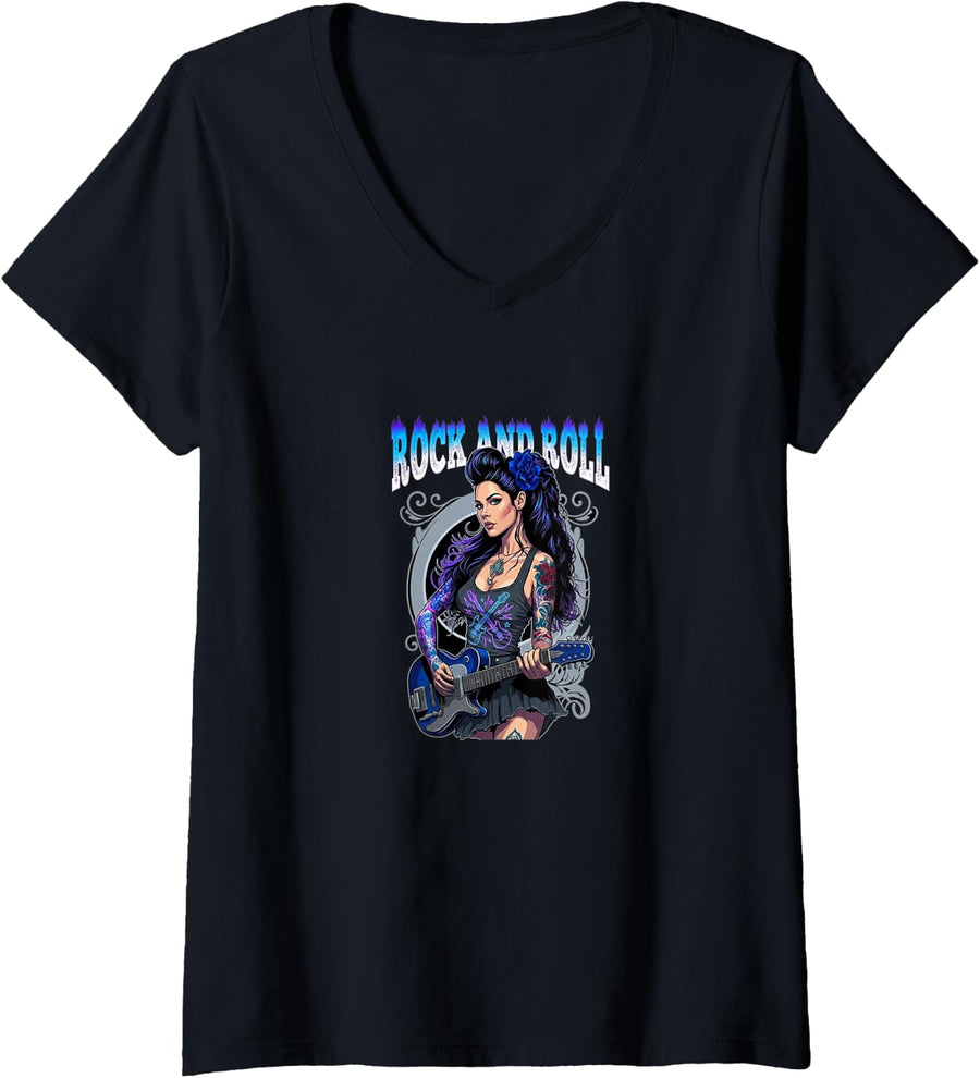Women's Rock and Roll Guitar Girl Musician Tattoo Art V-Neck T-Shirt - Black