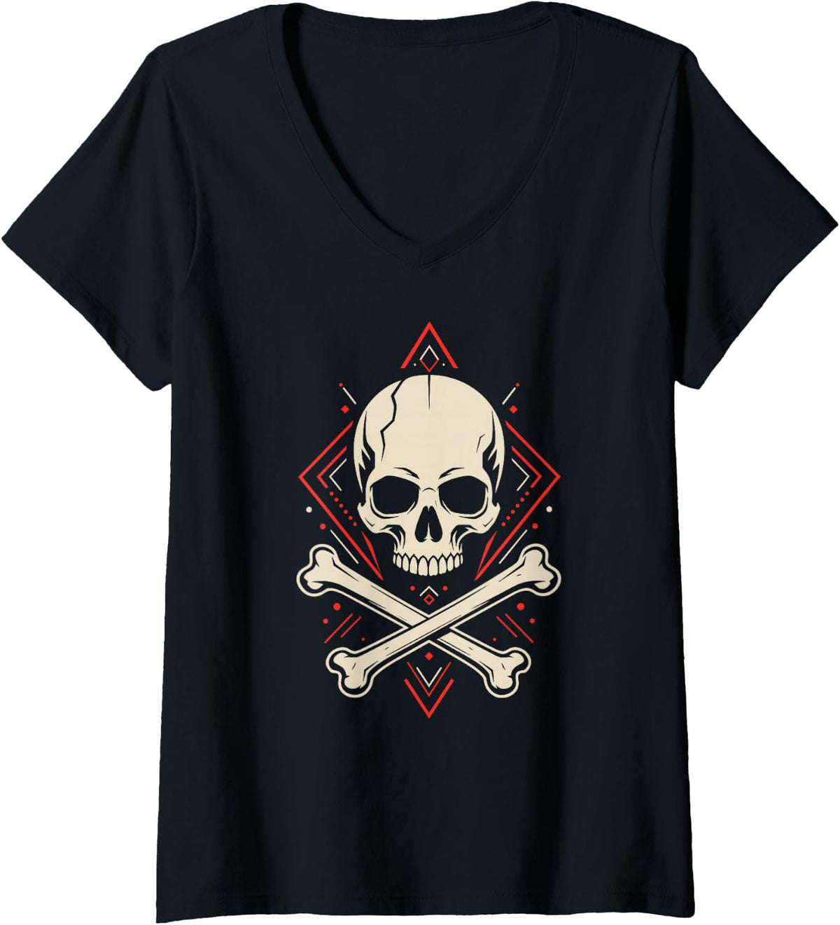 Women's Dark Skull Crossbones Goth Skull Cap V-Neck T-Shirt - Black