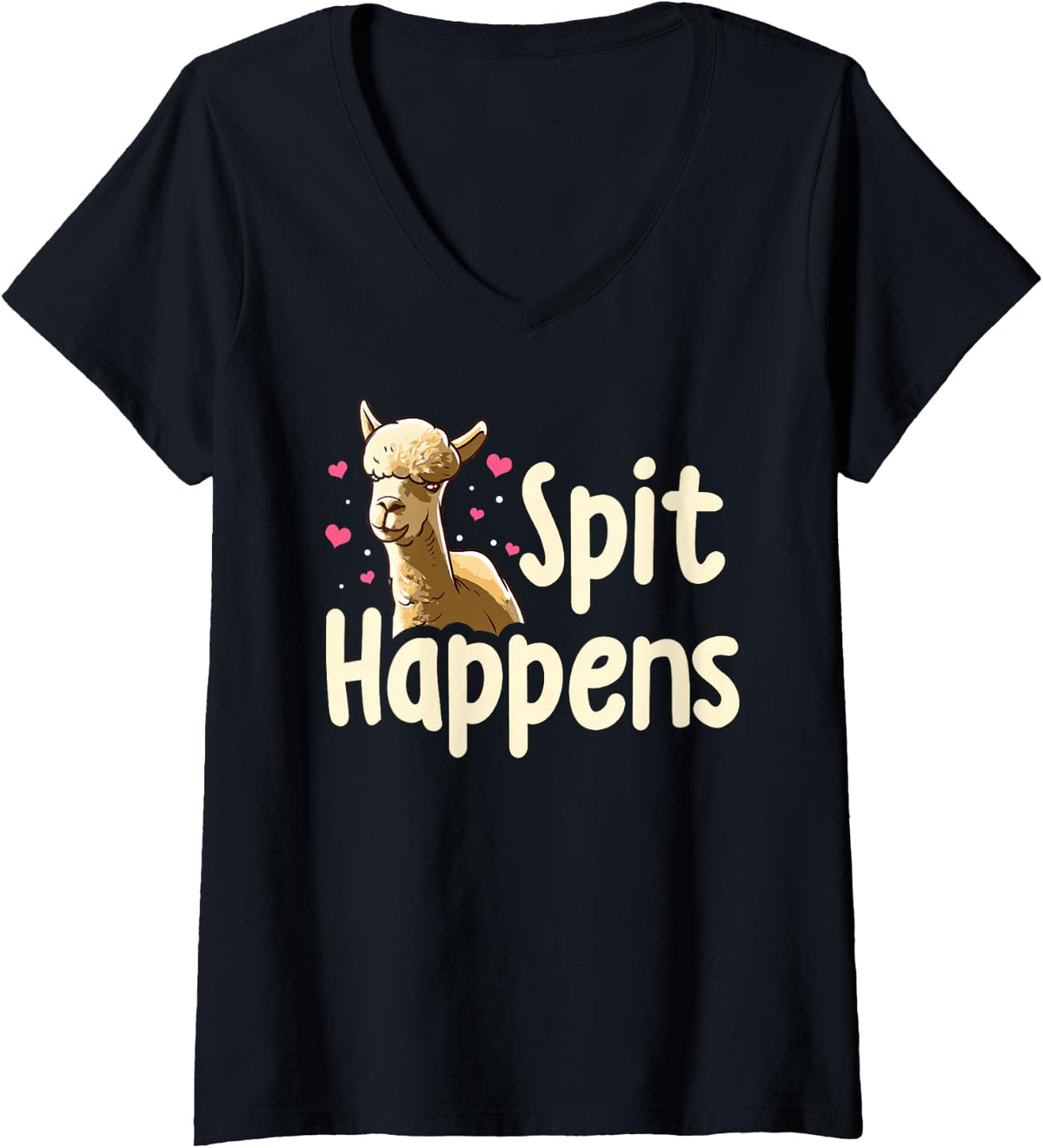 Women's Spit Happens Funny Llama V-Neck T-Shirt - Black