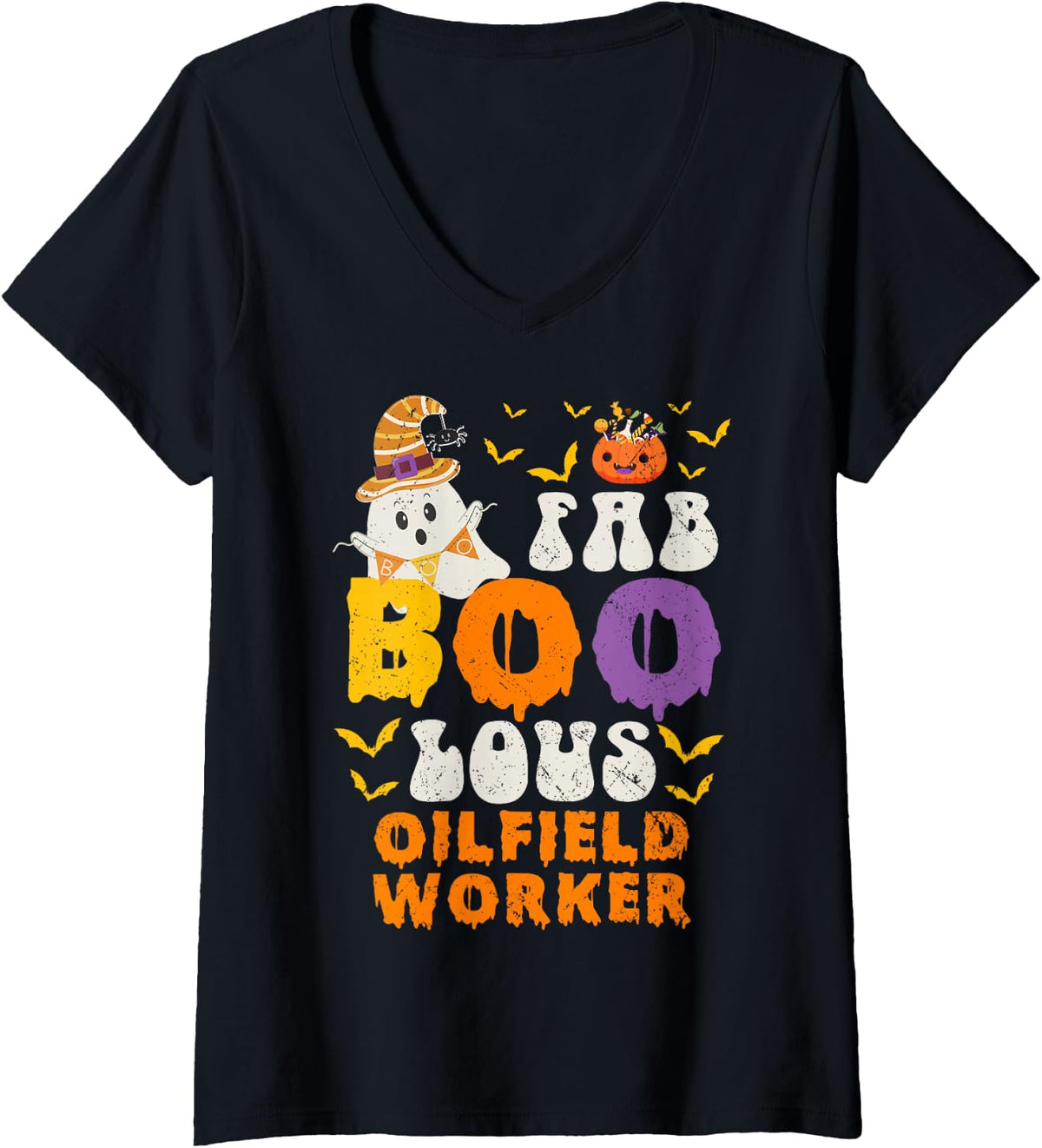 Women's Faboolous Oilfield Worker Ghost Halloween Fun V-Neck T-Shirt - Black