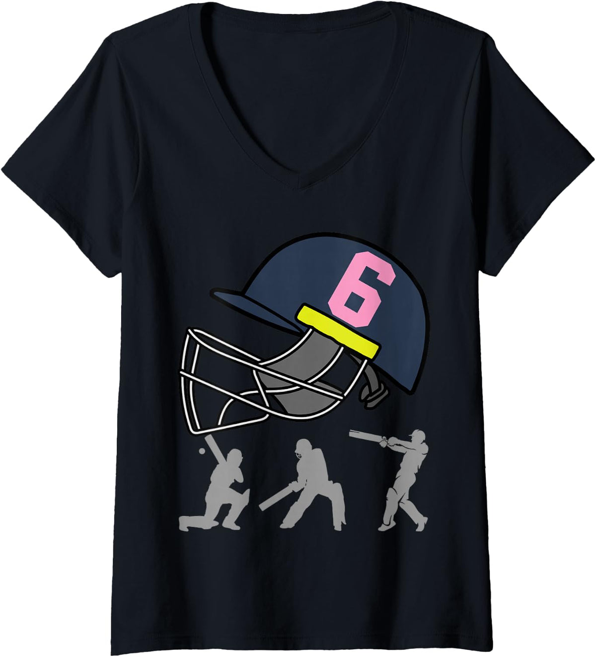 Women's Fun 6th Birthday Cricket Player Boys Kids 6 Year Old Cricket V-Neck T-Shirt - Black