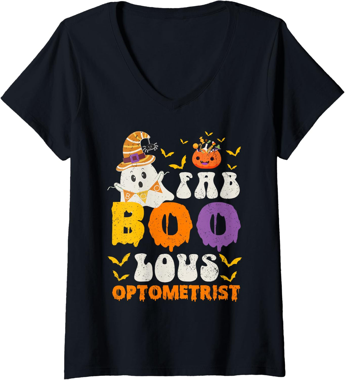 Women's Faboolous Optometrist Ghost Halloween Fun V-Neck T-Shirt - Black