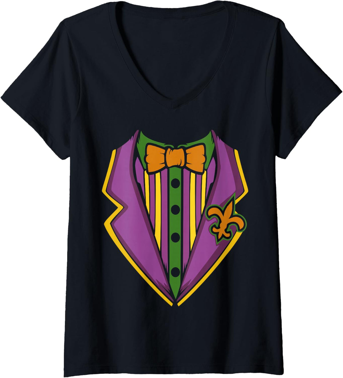 Women's Mardi Gras Tuxedo Costume Carnival Parade Masquerade Party V-Neck T-Shirt - Black