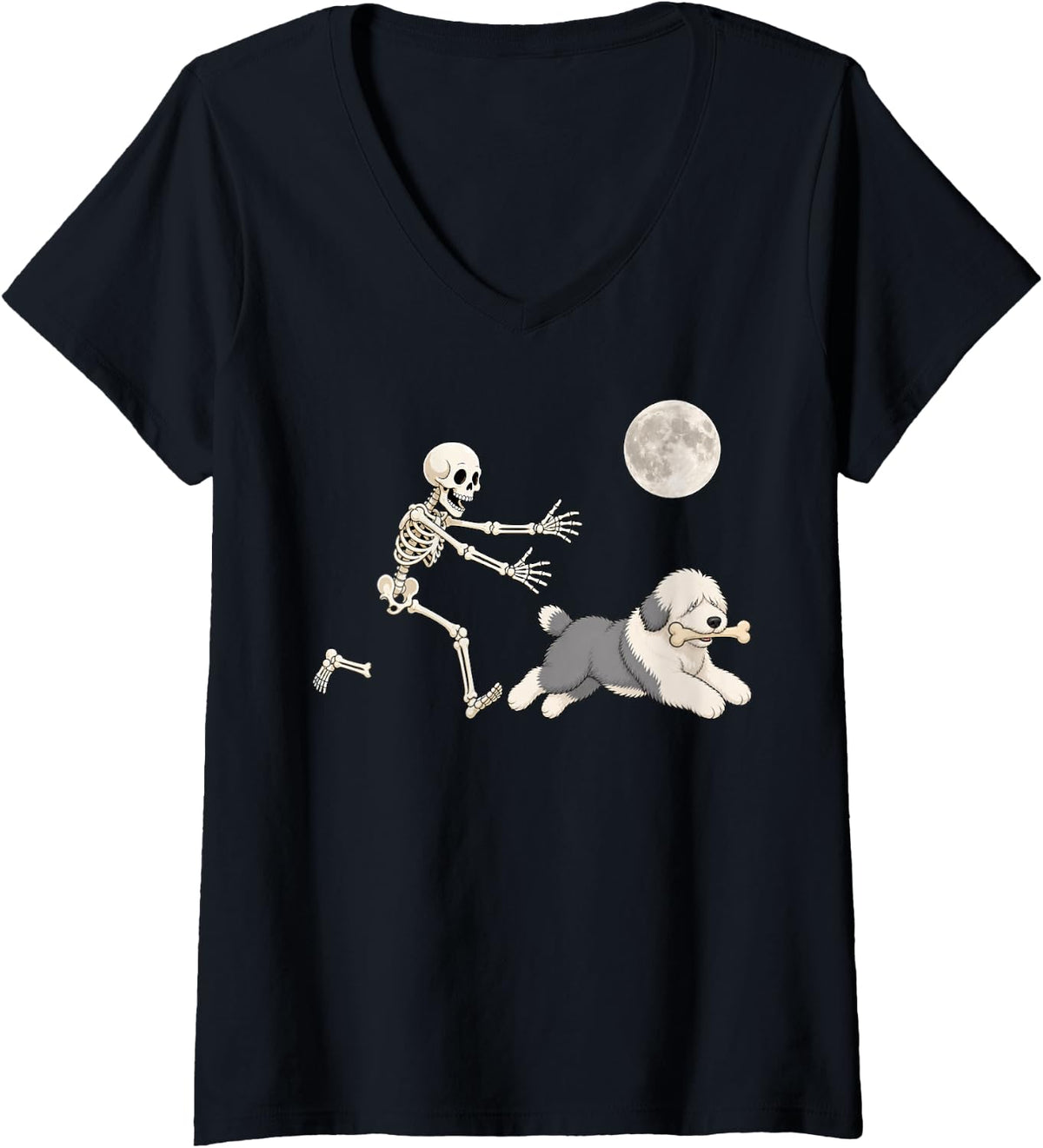Women's Old English Sheepdog Running Skeleton Retro Halloween Dog V-Neck T-Shirt - Black