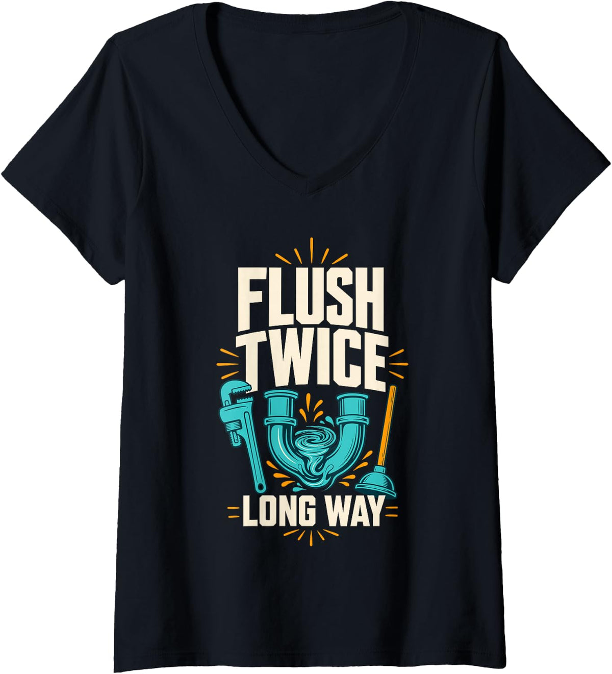 Women's Flush Twice Way Plumber Joke V-Neck T-Shirt - Black