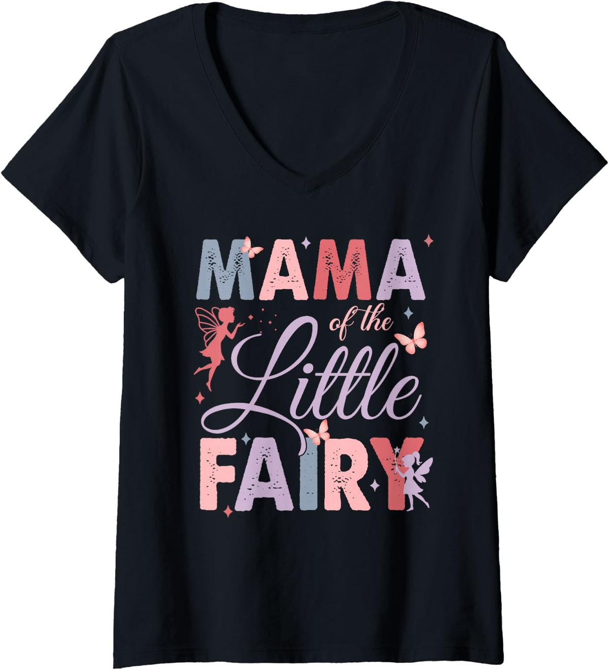 Womens Mama of The Little Fairy Birthday Girl Family Matching Mom V-Neck T-Shirt - Black