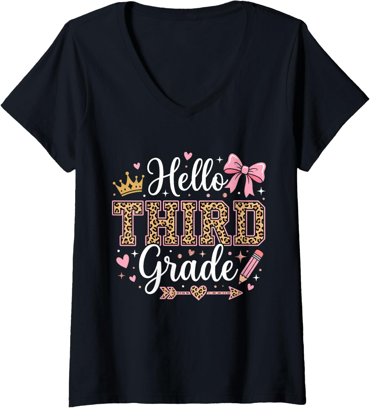 Women's Hello 3rd Grade Leopard Teacher Student Boy Girl Third Grade V-Neck T-Shirt - Black