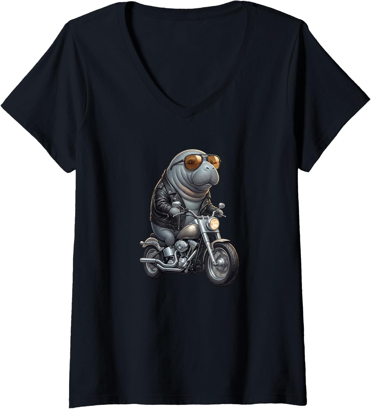 Women's Funny Manatee Motorcycle Biker Cool Graphic V-Neck T-Shirt - Black