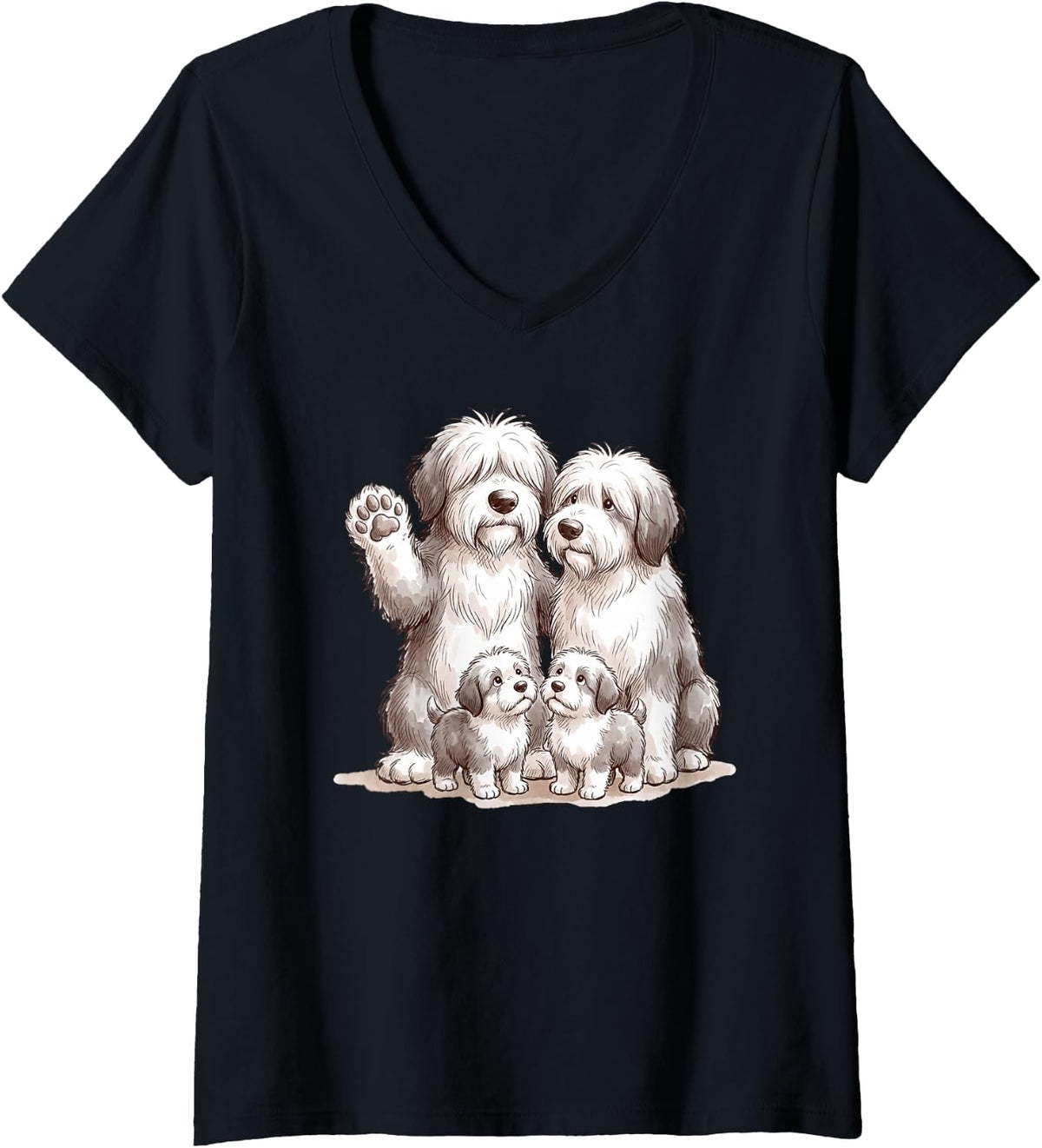Women's Cute Funny Bobtail Dogs Family Old English Sheepdog V-Neck T-Shirt - Black